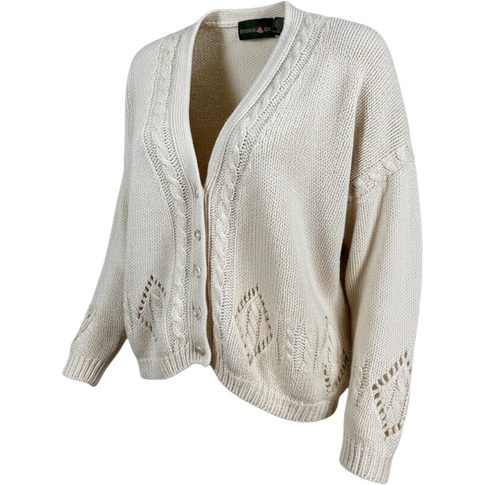 Outback Red Womens Vintage S Cream Cable Knit Pointelle Open Weave Cardigan 80s